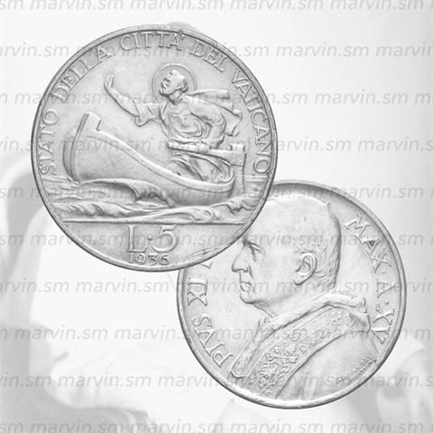  5 Lire – Papa Pio XI – Vaticano – 1936 – Argento - UNC 