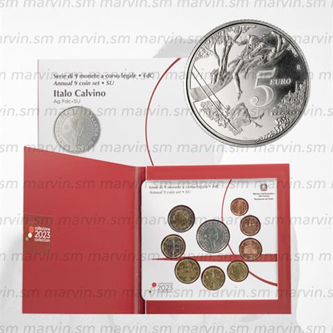  Serie euro con 5 euro AG - Italo Calvino - Italia - 2023 - 9 monete - FDC 